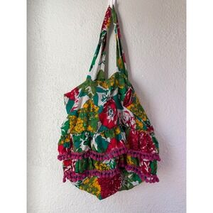 Natural Life Floral Ruffle Pom Pom Tote Bag Boho Cotton Rayon Shoulder Bag Multi